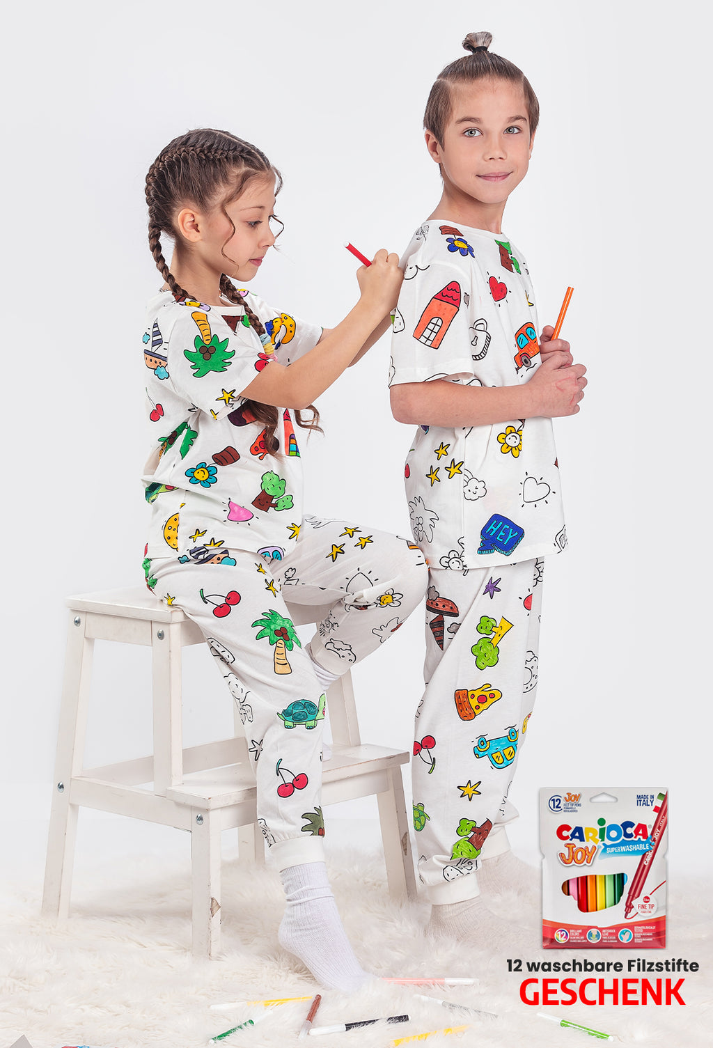 ZUZUNGA Kinderpyjama zum Ausmalen – Kurzarm - 100% reine Baumwolle