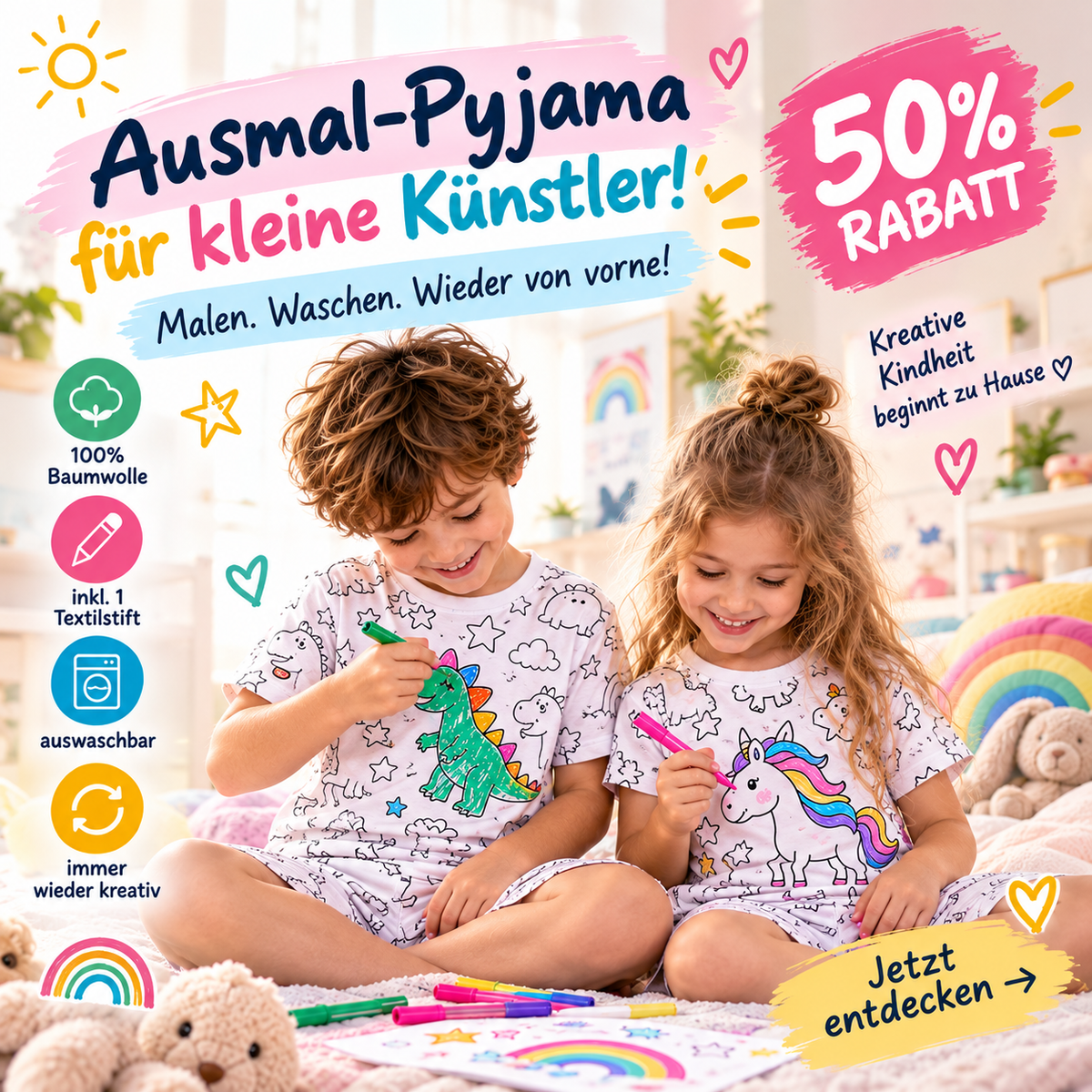 ZUZUNGA Kinderpyjama zum Ausmalen – Kurzarm - 100% reine Baumwolle