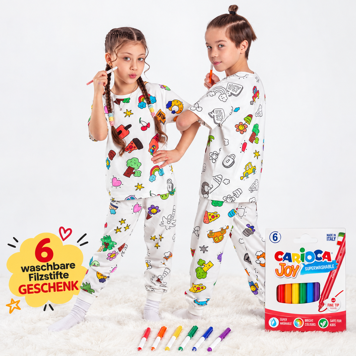ZUZUNGA Kinderpyjama zum Ausmalen – Kurzarm - 100% reine Baumwolle