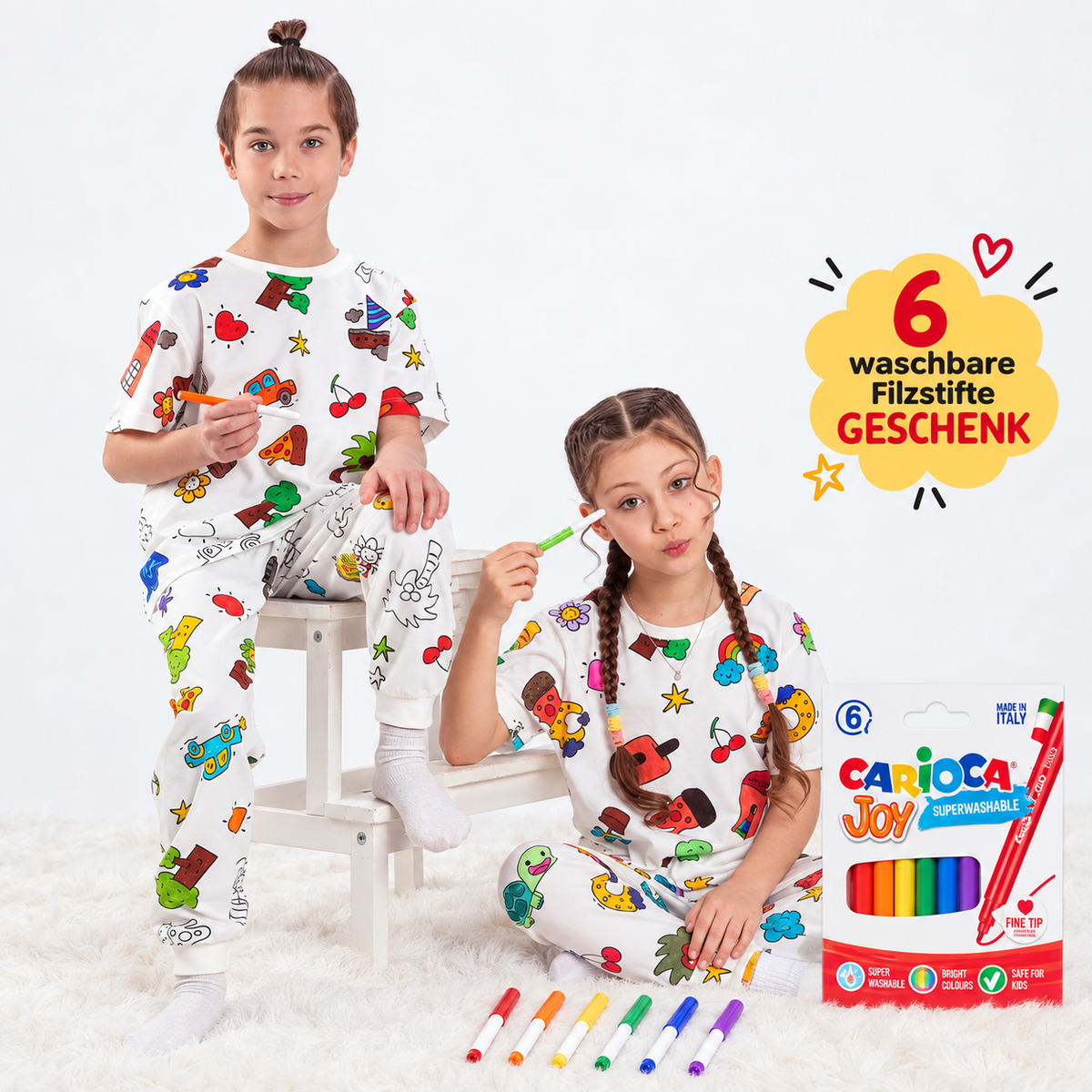 ZUZUNGA Kinderpyjama zum Ausmalen – Kurzarm - 100% reine Baumwolle