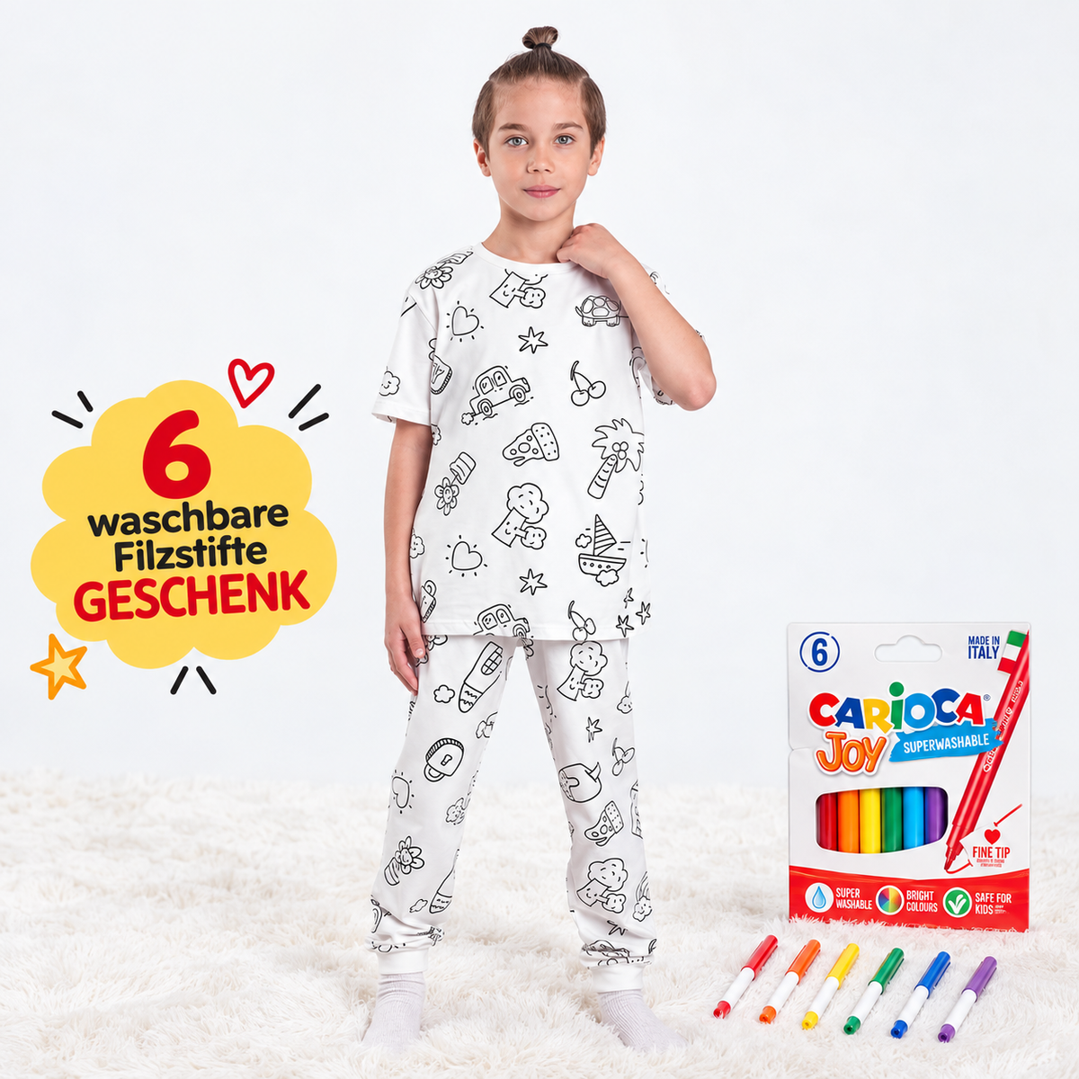 ZUZUNGA Kinderpyjama zum Ausmalen – Kurzarm - 100% reine Baumwolle
