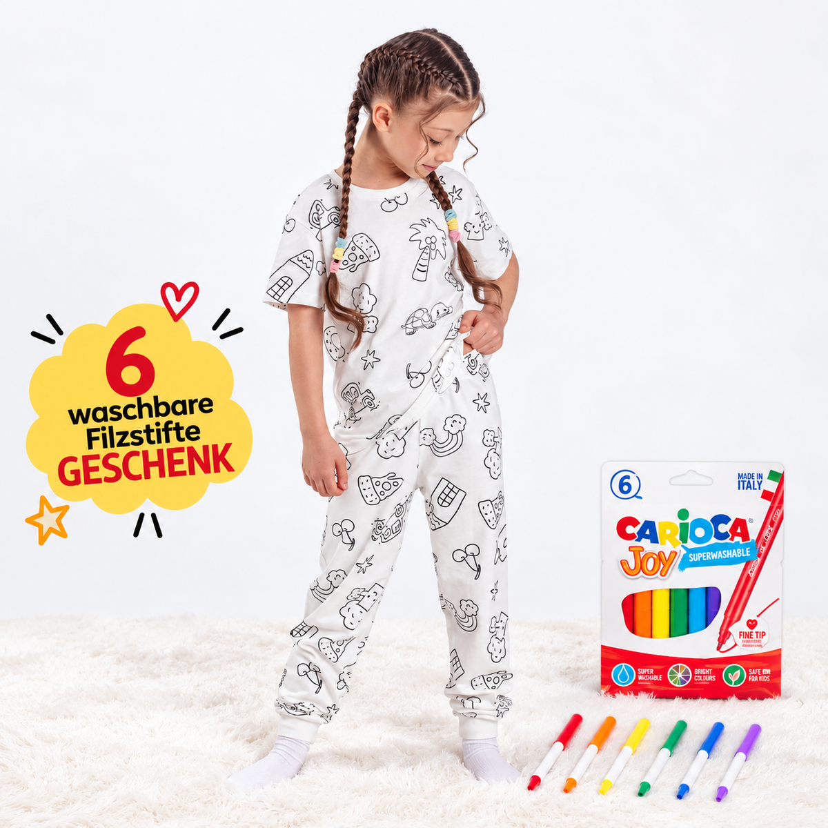ZUZUNGA Kinderpyjama zum Ausmalen – Kurzarm - 100% reine Baumwolle