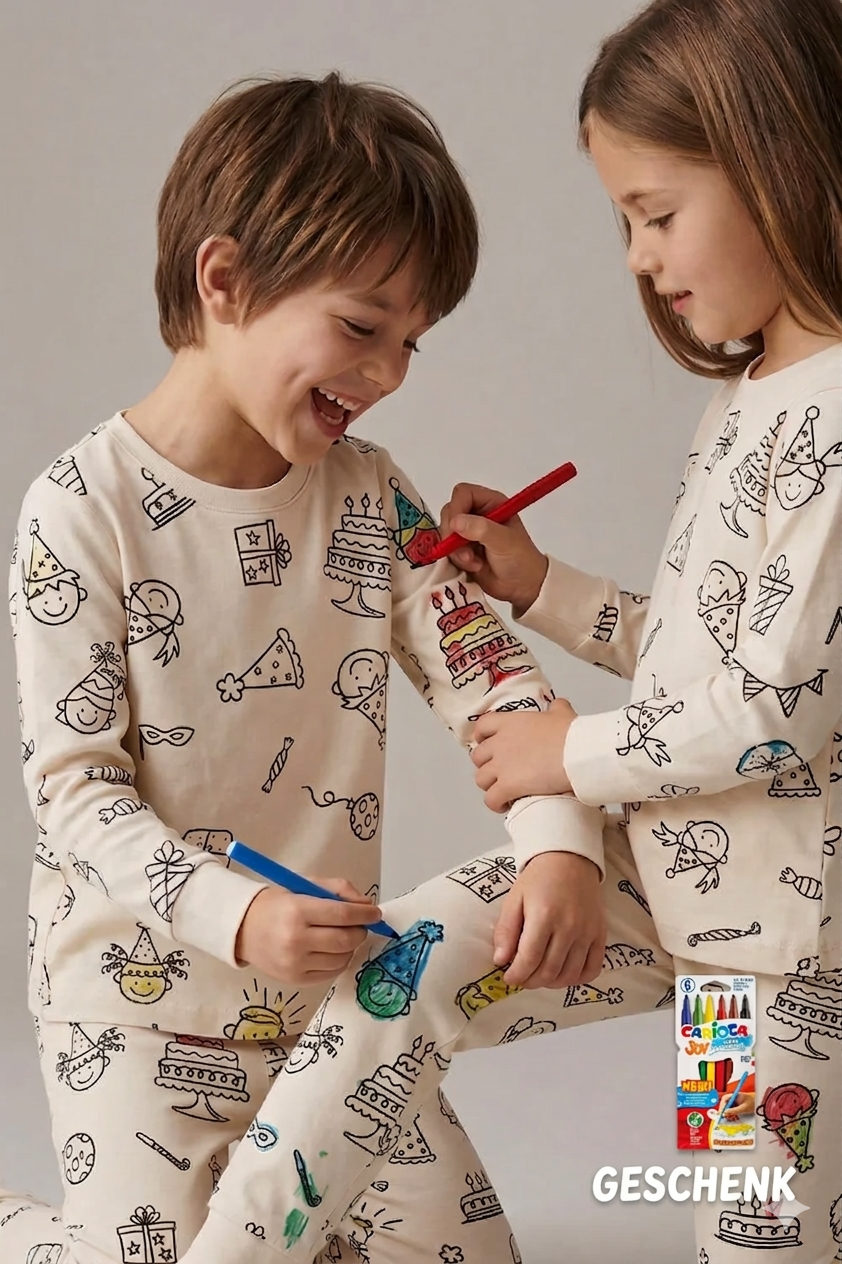 Geburtstag-Ausmalpyjama Set – Inkl. 12 Zauberstifte